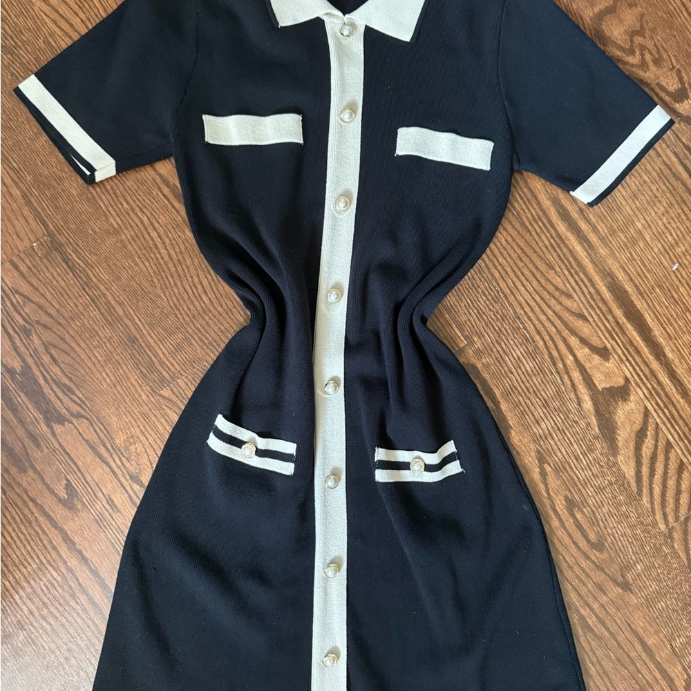 Elegant Black and Cream Button-Down Knit Dress